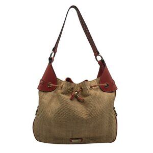 Adrienne Vittadini Beige & Coral Raffia Drawstring Shoulder Bag